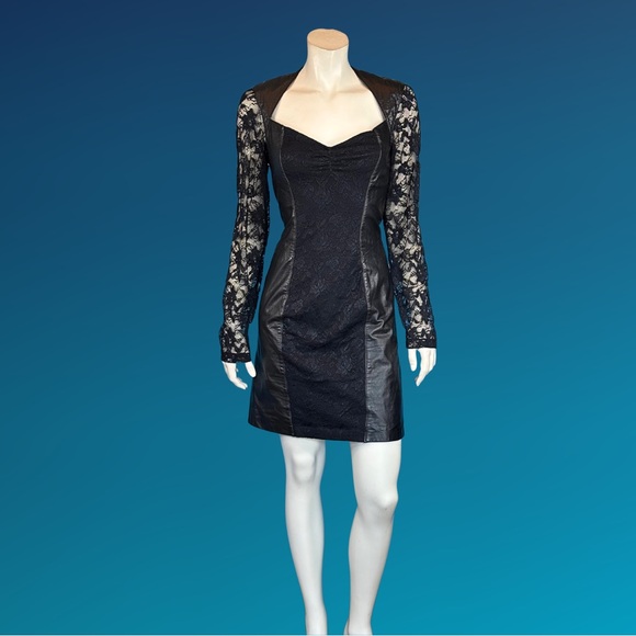 Vampy LEATHER & LACE Black OPeN Back Mini Dress / 80s 90s Goth / S - Picture 8 of 10